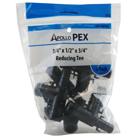 APOLLO PEX 3/4 in. x 1/2 in. x 3/4 in. Plastic PEX Barb Reducing Tee (5-Pack), 5PK PXPAT3412345PK